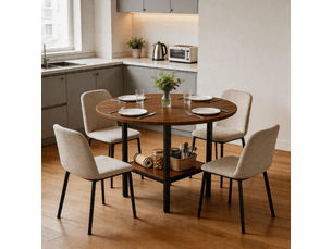 Table à manger ronde 4 à 6 places avec étagère de rangement - mdf et métal noir mat décor noyer 100 × 77 cm