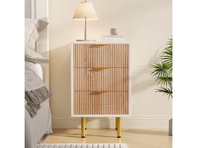  Table de chevet, table basse avec rangement, 3 tiroirs, blanc et bois clair, pour chambre à coucher et salon  - Conforama B