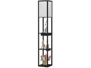 Lampadaire avec 3 étagères, e27, blanc et noir, abat-jour tissu, ports usb-ausb-c, sans ampoule