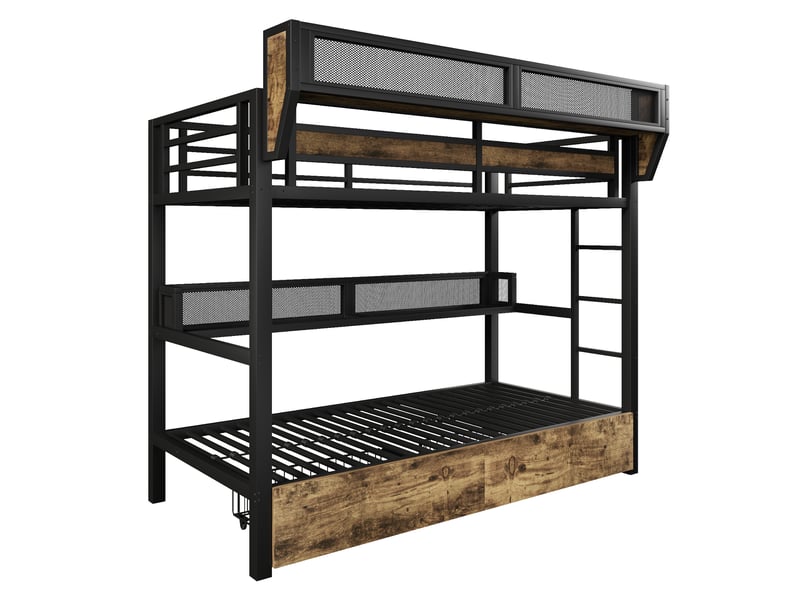  Lit superposé 90x200 cm avec led, 2 tiroirs, étagère et panier de rangement, garde-corps, noir  - Conforama A