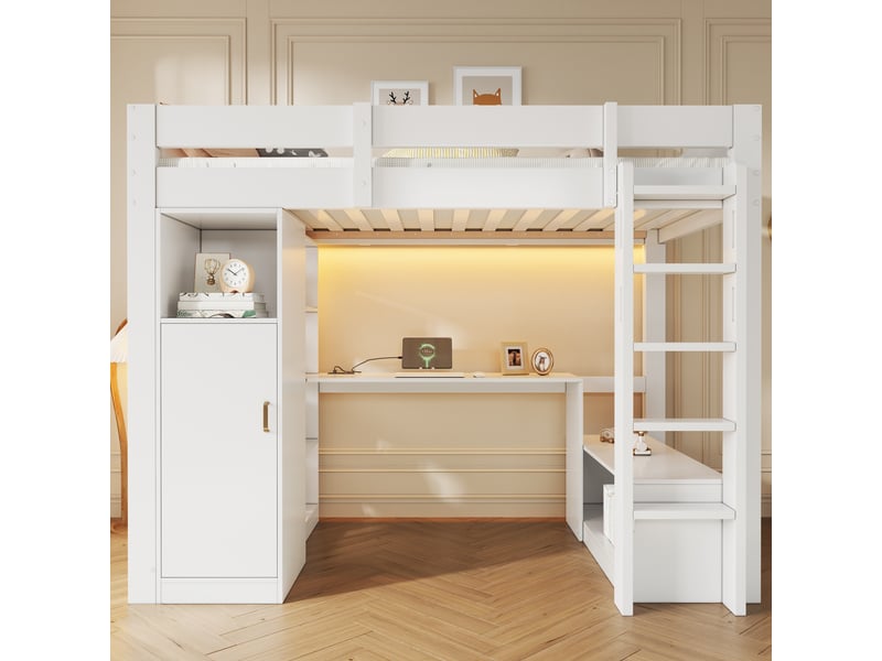 Lit mezzanine enfant 90 x 200 cm avec armoire, bureau, étagères, led et port usb, bois massif et mdf, blanc CozyNest - Conforama B