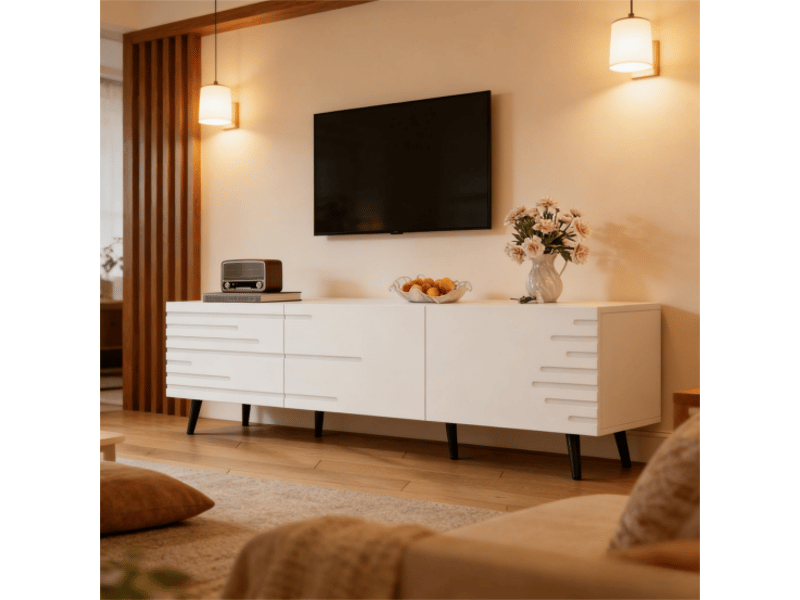  Meuble tv blanc 180 cm en mdf, meuble tv pour téléviseur 80 pouces avec 3 portes rabattables et grand rangement  - Conforama D
