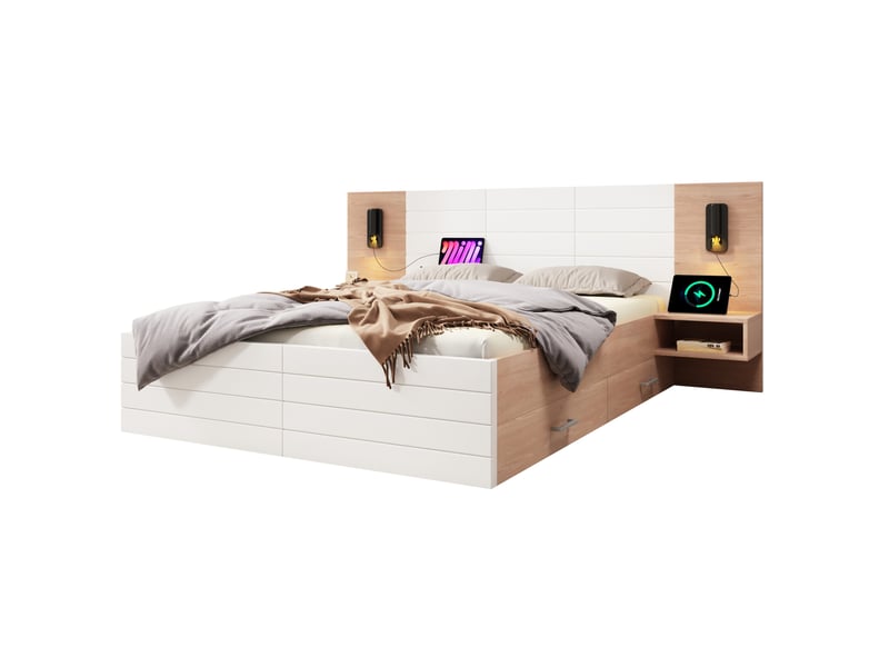  Lit 2 places 160x200 cm – blanc et chêne clair – tiroirs, liseuses orientables et port usb sans matelas  - Conforama A