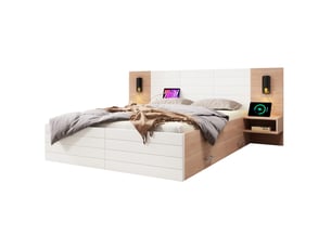 Lit 2 places 160x200 cm – blanc et chêne clair – tiroirs, liseuses orientables et port usb sans matelas