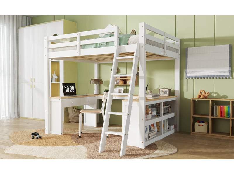 Lit enfant 140x200 cm avec bureau intégré, tiroirs et étagères – blanc naturel - Conforama B