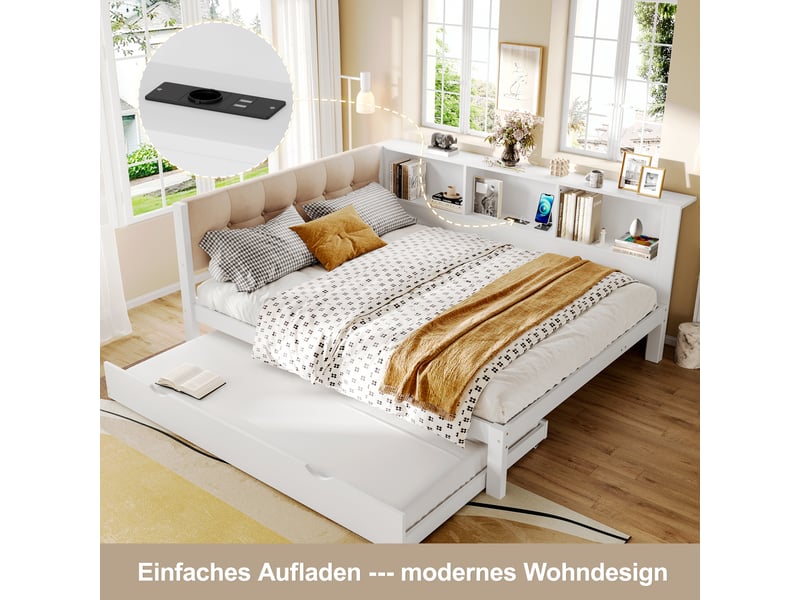  Lit banquette 140x200 lit gigogne en bois de pin blanc avec port usb et led  - Conforama R