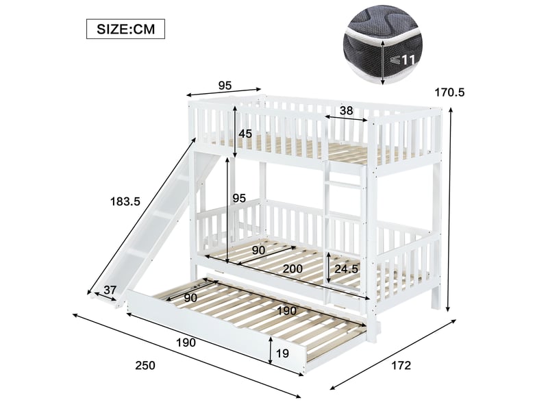  Lit superposé enfant avec lit gigogne, toboggan et échelle, blanc 90x200 cm  - Conforama E