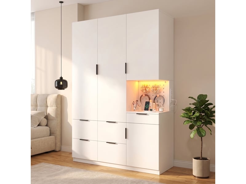  Armoire dressing 135x50x200 cm avec led, prise intégrée, 4 portes, 2 penderies, 5 tiroirs, niche ouverte avec panneau perforé, mdf blanc  - Conforama C
