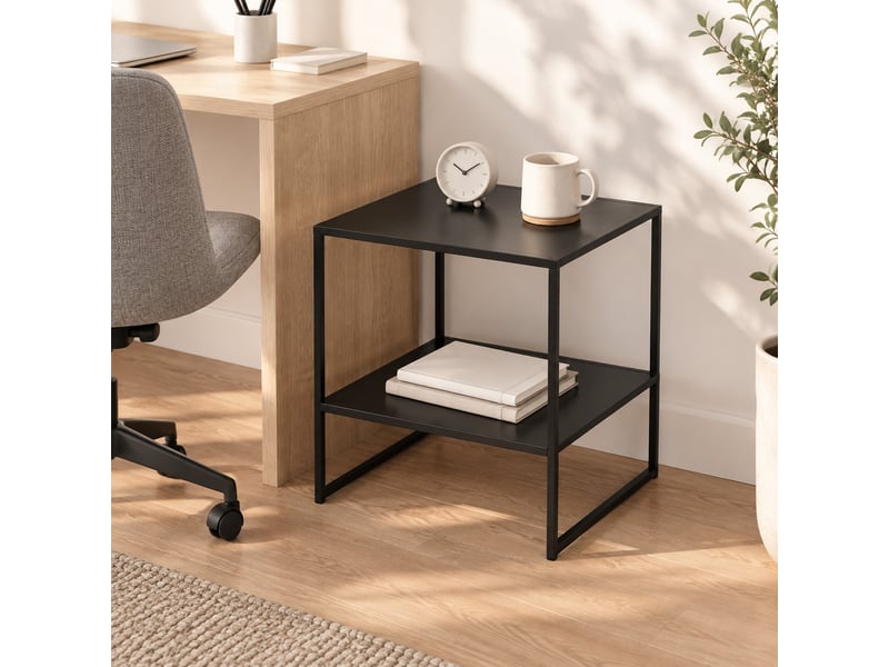  Table d’appoint avec étagère de rangement - lpospi - cadre en acier, pour salon ou chambre, acier noir 40 × 40 × 45 cm  - Conforama B