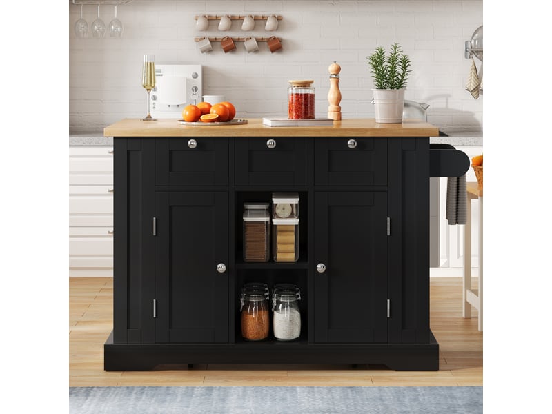 Desserte roulante,chariot de cuisine avec 2 portes,3 tiroirs,2 niches,étagères ouvertes,plateau pliable,prise usb et porte-serviettes,noir desserte noir - Conforama B