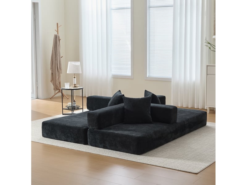  Canapé droit modulable 2 places en tissu noir avec poches latérales et base antidérapante pour le salon  - Conforama E