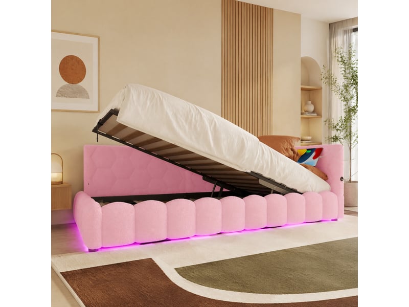  Méridienne lit de repos avec rangement hydraulique, sommier à lattes, éclairage et ports usb, en velours blanc et rose  - Conforama C