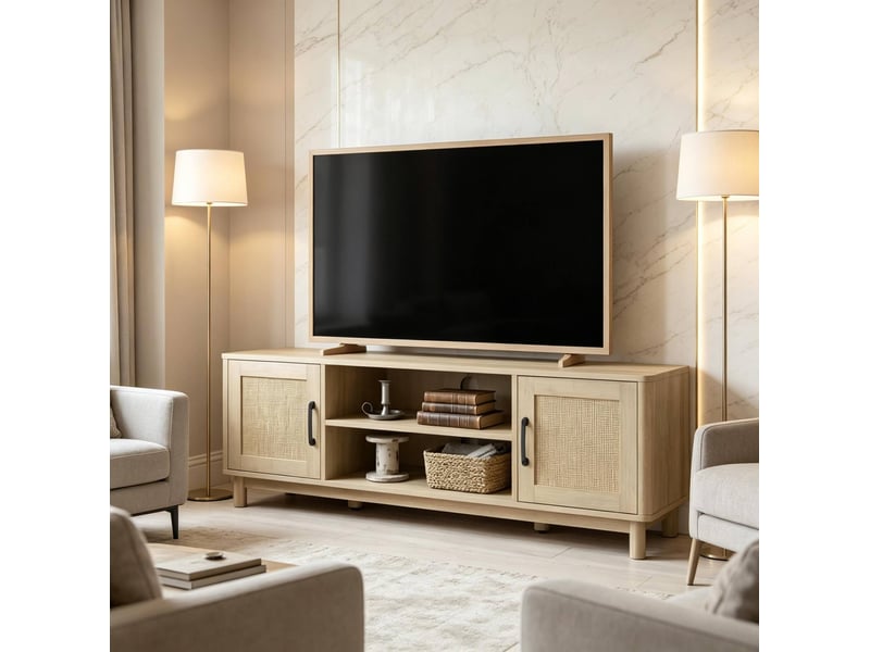  Meuble tv 135 x 39 x 45 cm, chêne clair, portes en rotin et niches ouvertes  - Conforama B