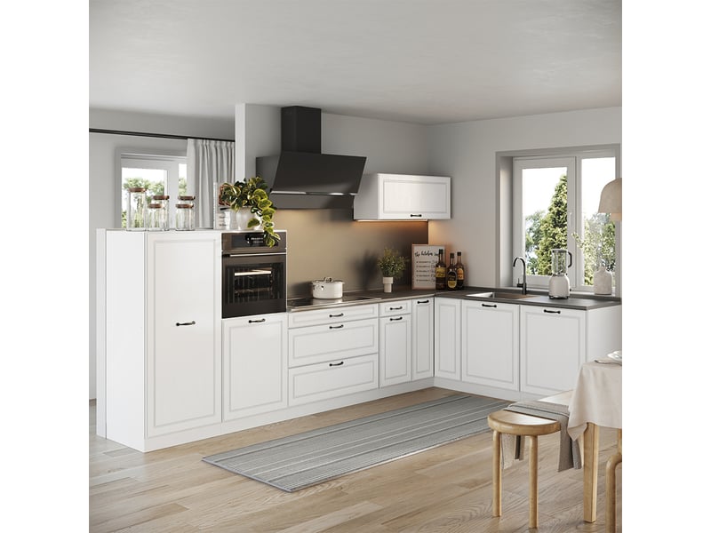 Vicco cuisine en angle, blanc campagneblanc, 347 x cm plan de travail marbre - Conforama C