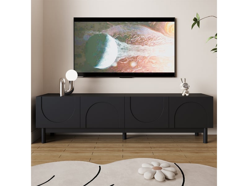  Meuble tv 4 portes sans poignées avec rangement pour salon 169×34×45,5 cm en mdf et panneaux de particules noir  - Conforama C