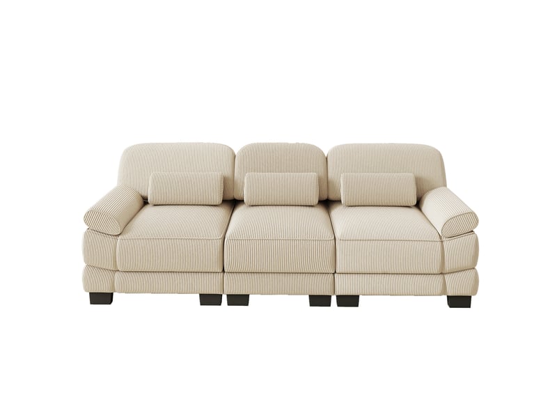 Canapé modulable 3 places en velours côtelé beige, assise profonde, coussin lombaire inclus, 265×88,5×94 cm - Conforama A