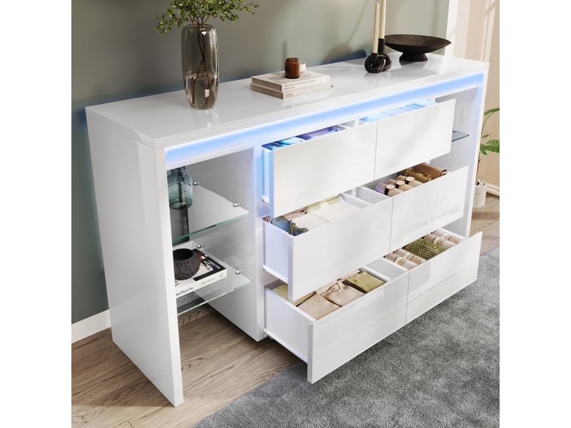  Buffet blanc brillant 155 cm, 6 tiroirs, étagères en verre et led Fay Lum - Conforama E