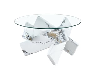 Table basse ronde 79 cm, meuble de salon, plateau en verre, mdf imitation marbre blanc, élégante, transparent et blanc