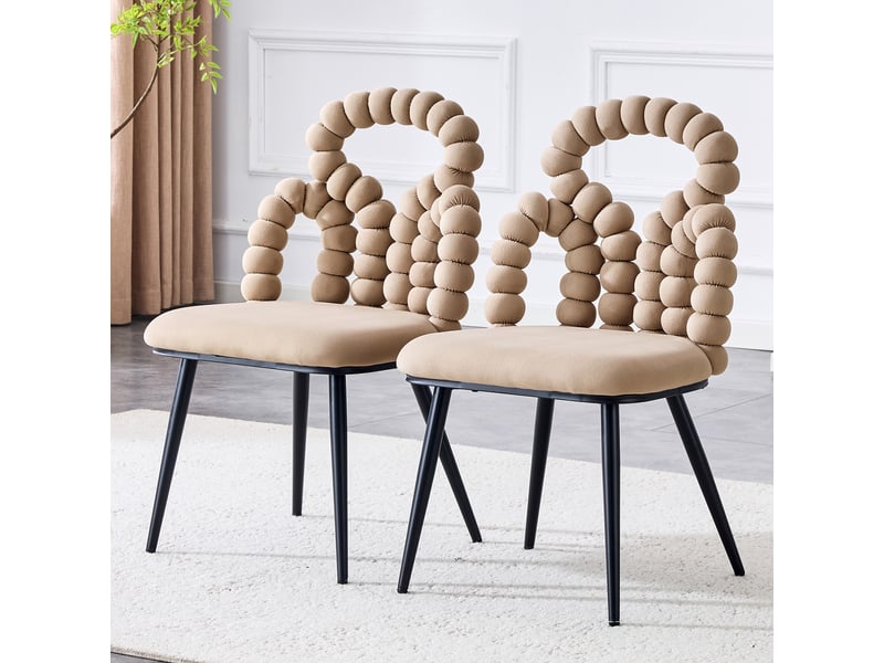  Lot de 2 chaises 48x50x86 cm dossier ouvert à chaîne de boules assise velours moelleuse, pieds métal, camel clair  - Conforama B