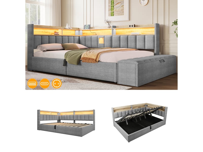 Lit coffre hydraulique 140x200 cm avec led, usb-a et usb-c, banc coffre et tête réversible, tissu lin gris, sans matelas - Conforama E