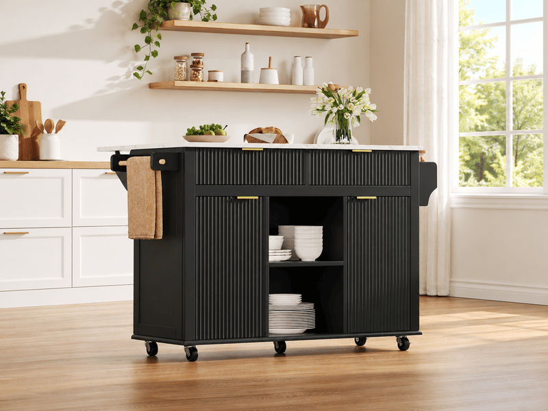  Îlot de cuisine 143 cm, plateau rabattable effet marbre, 2 tiroirs, portes rainurées, roulettes, noir et blanc  - Conforama B