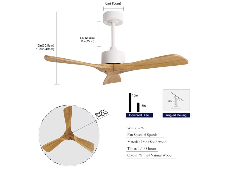  Ventilateur de plafond 104 cm sans éclairage, 3 pales en bois blanc et naturel  - Conforama C