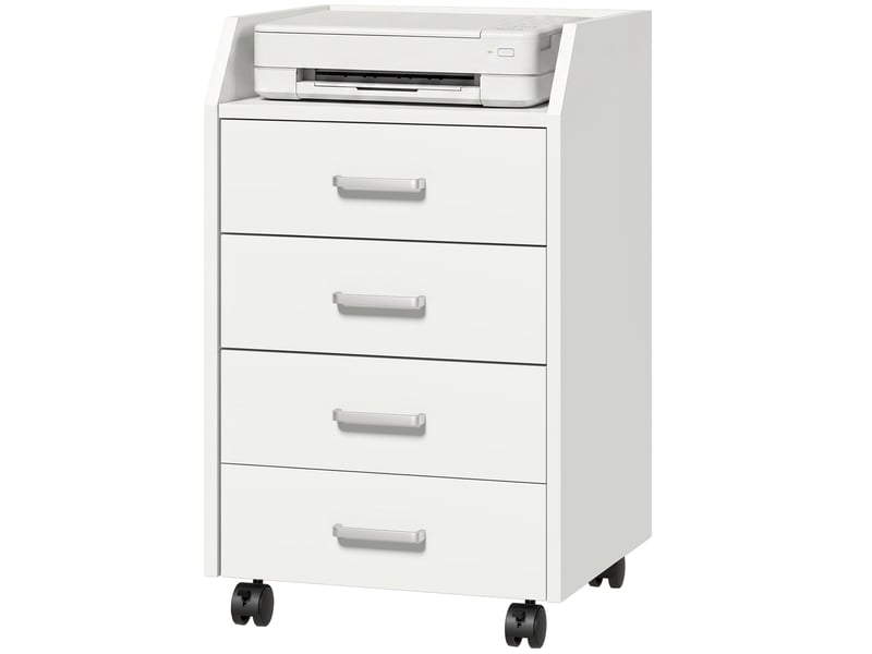  Commode de bureau en bois à 4 tiroirs, roulettes et bords surélevés, 40 x 36 x 65 cm, blanche  - Conforama B
