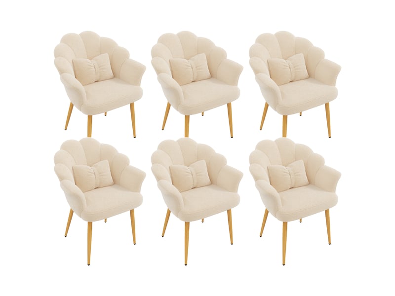 Lot de 6 fauteuils 64x65,5x85 cm, dossier pétale, accoudoirs, coussins nœud, tissu teddy, pieds dorés, beige - Conforama A
