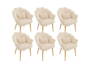 Lot de 6 fauteuils 64x65,5x85 cm, dossier pétale, accoudoirs, coussins nœud, tissu teddy, pieds dorés, beige
