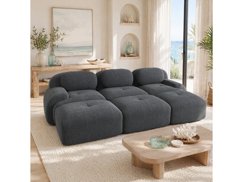  Canapé modulaire 3 places modenvie avec 3 poufs velours côtelé gris 298 x 178 cm  - Conforama B