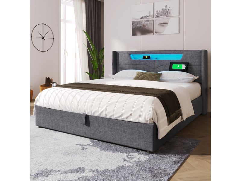  Lit coffre rembourré 140x200 cm avec rangement hydraulique, éclairage led, ports usb et type-c, revêtement en lin, gris  - Conforama D