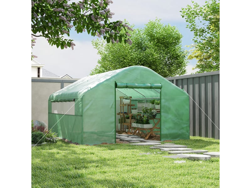  Serre de jardin 4 x 3 x 2m avec portes enroulables et grandes fenêtres, serre tunnel de jardin, vert  - Conforama C