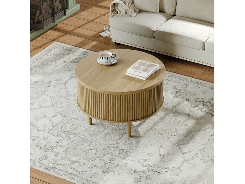 Table basse ronde avec plateaux relevables et rangement compartimenté, décor ondulé en panneaux de particules naturel - Conforama E
