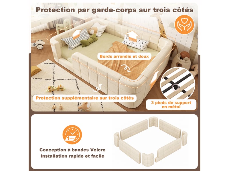  Lit enfant 90x200 cm, lit au sol, lit simple rembourré en chenille beige, avec protection tout autour, entrée basse, sommier à lattes, montage facile  - Conforama E