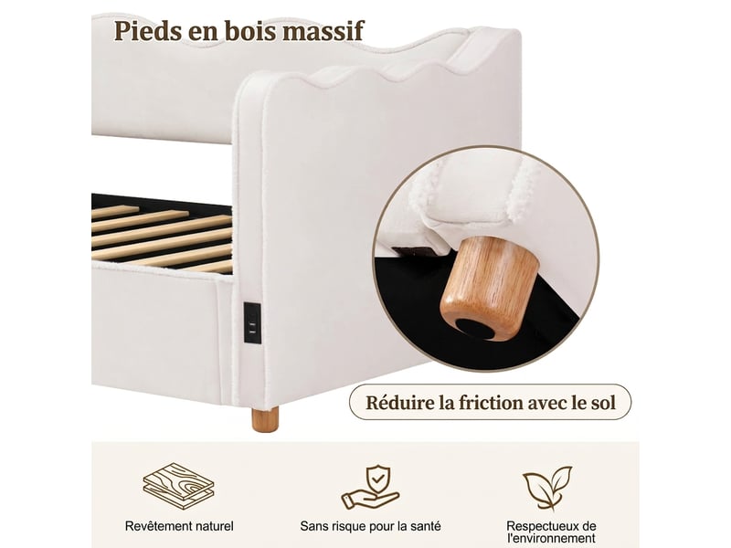  Lit coffre 90x200 lit banquette velours beige avec sommier et port usb  - Conforama E