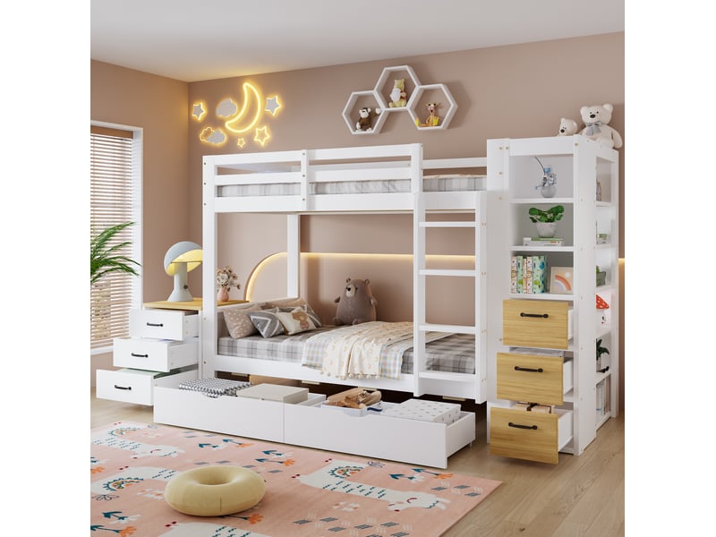  Lit superposé 90x200 cm avec rangements en bois et mdf couleur blanc et naturel sans matelas, design moderne  - Conforama E