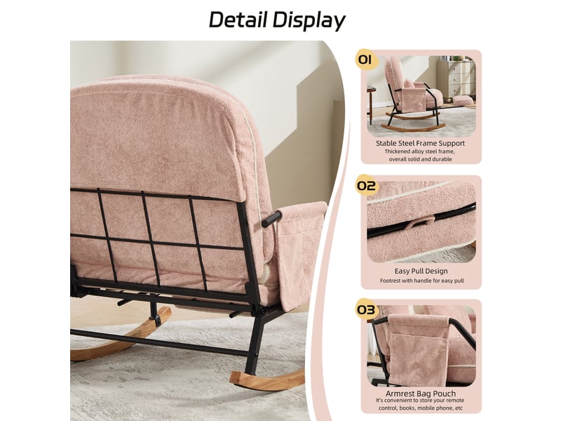Fauteuil à bascule surdimensionné pour terrasse avec repos-pieds, poche latérale, coussin rembourré, dossier réglable, rose - Conforama E