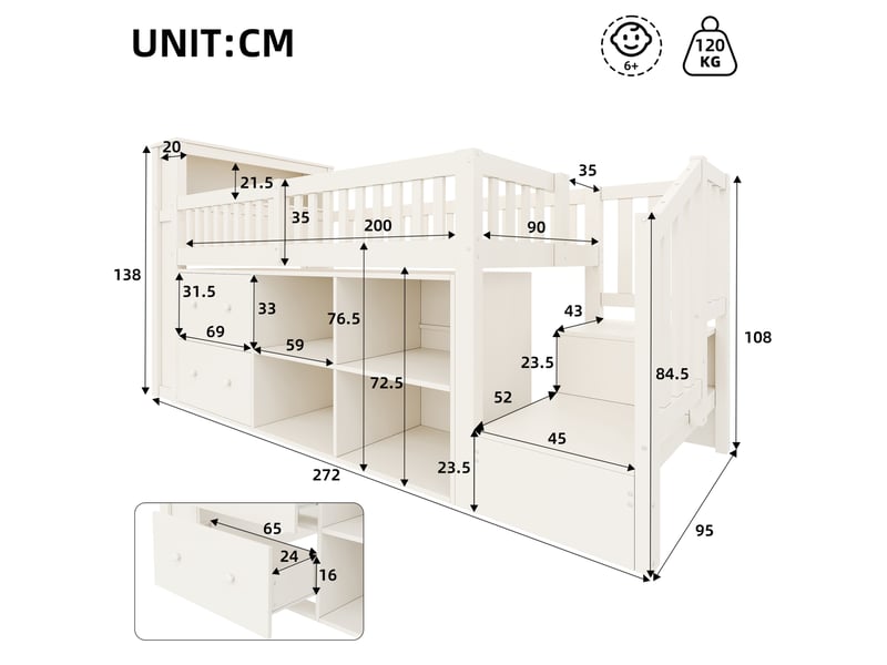  Lit mezzanine enfant 90x200 cm blanc avec bureau, rangements, led et ports usb, pour chambre organisée, sans matelas  - Conforama C