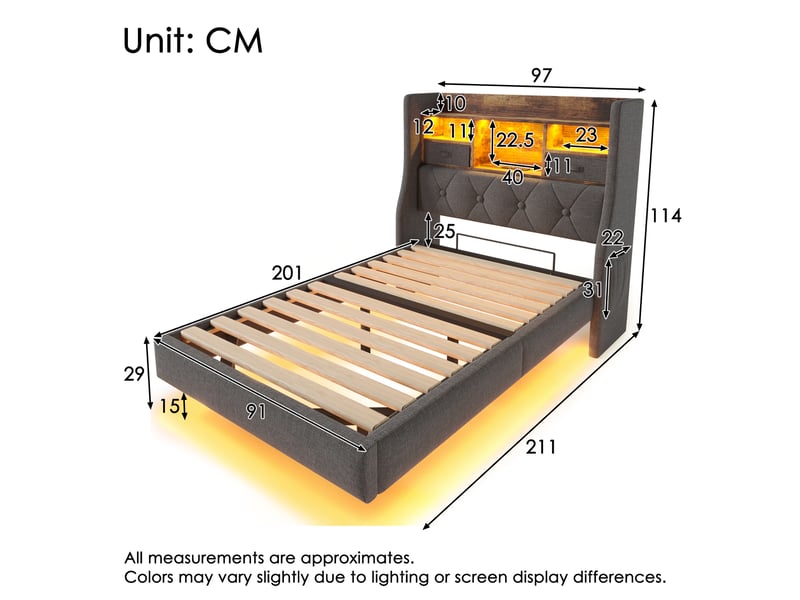  Lit simple, lit enfant 90x200 cm, rangement intégré, tête de lit avec rangement, led, usbusb-c, lin gris, matelas inclus  - Conforama C