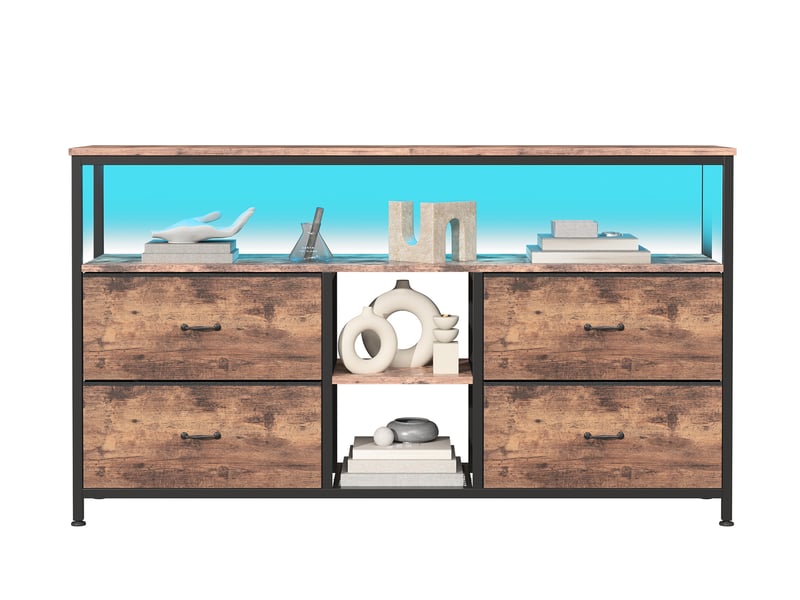  Meuble tv 108 cm avec lumières led, banc tv support télé console tv avec avec 4 tiroirs et 3 étagères de rangement, naturel  - Conforama A