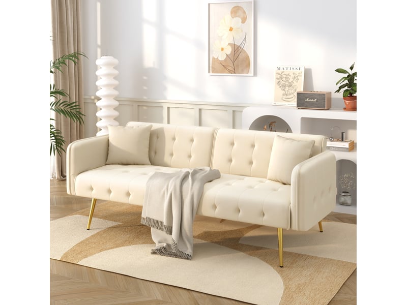 Canapé-lit 2 places convertible en velours beige, dossier et accoudoirs réglables, couchage 215 x 81,5 cm  - Conforama B