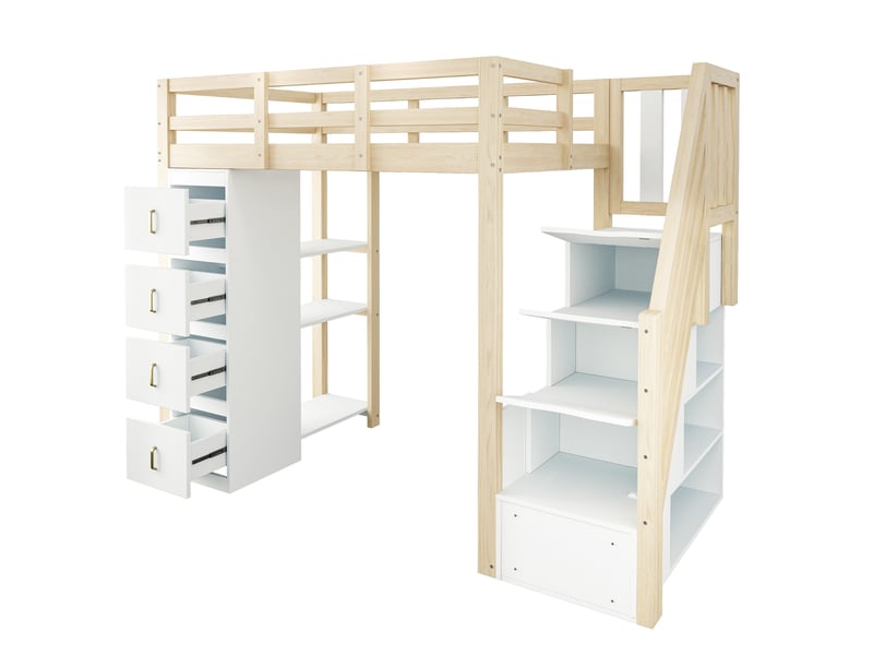  Lit mezzanine enfant 90x200 cm avec rangement intégré, escalier avec tiroirs, étagères, structure bois, naturel OMNIGLINT TRADING LTD - Conforama E