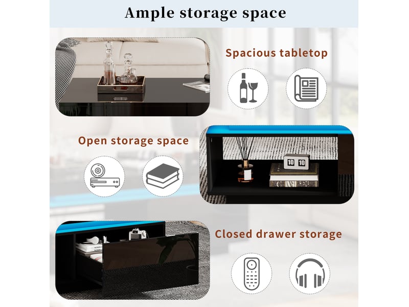  Ensemble meuble tv 181x38x38 cm et table basse 100x50x40 cm, led usb bluetooth, 1 tiroir, panneaux de particules, noir  - Conforama E