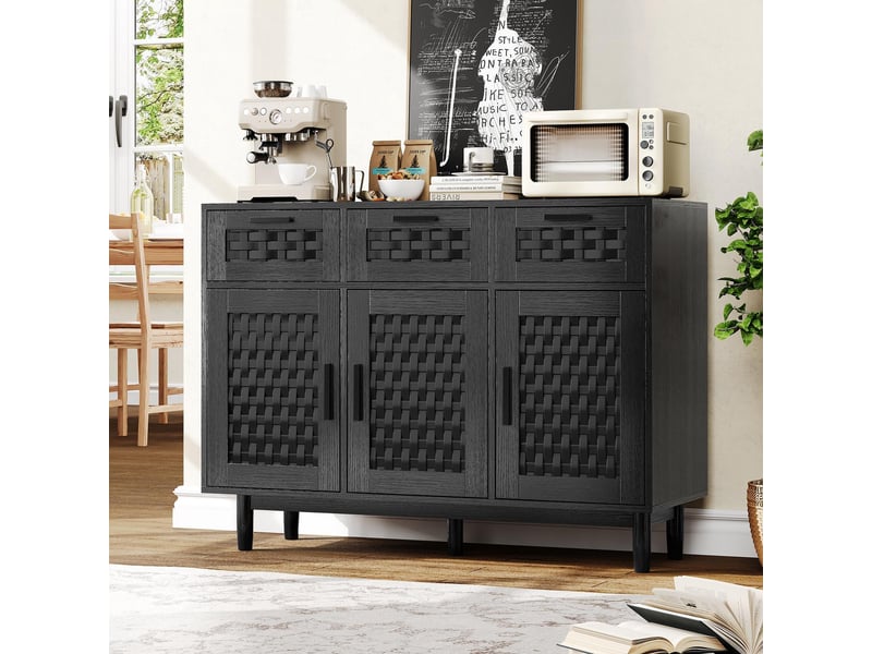  Buffet de rangement avec 3 tiroirs et 3 portes - 107.9x40x80cm - meuble bahut style rotin synthétique - noir aspect bois texturé  - Conforama C