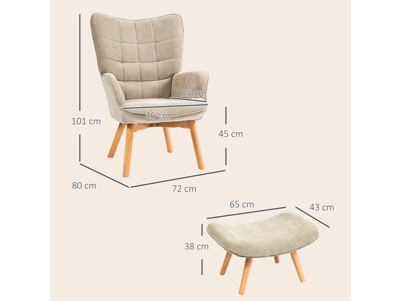  Fauteuil de salon avec repose-pied, fauteuil d'appoint capitonné en velours côtelé, dossier haut et accoudoirs, marron  - Conforama C