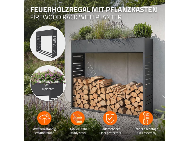  Ml-design range-bûches d'extérieur avec jardinière, en acier galvanisé résistant aux intempéries, support de stockage bois de chauffage cheminée, motif de treillis, anthracite, 112 x 30 x 111 cm ECD Germany GmbH - Conforama B