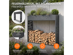 Ml-design range-bûches d'extérieur avec jardinière, en acier galvanisé résistant aux intempéries, support de stockage bois de chauffage cheminée, motif de treillis, anthracite, 112 x 30 x 111 cm