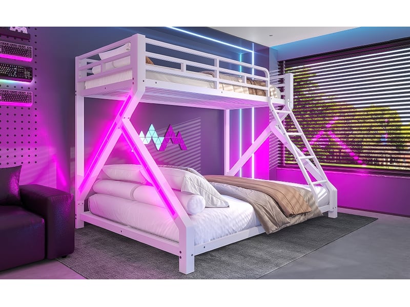  Lit superposé 90 × 200 et 140 × 200 cm, 2 couchages, structure métallique, éclairage led, échelle et barrières, blanc  - Conforama B