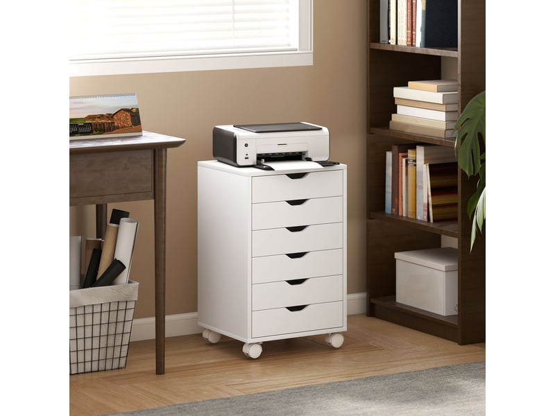  Caisson de bureau mobile avec 6 tiroirs silencieux, caisson de rangement sur roulettes, 40 x 35 x 63 cm, blanc  - Conforama C