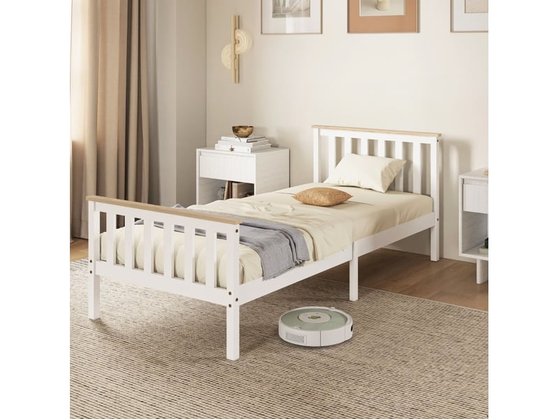 Elvmi cadre de lit simple en bois massif de pin blanc avec lattes, rangement sous le lit et design naturel pour chambre moderne - Conforama B